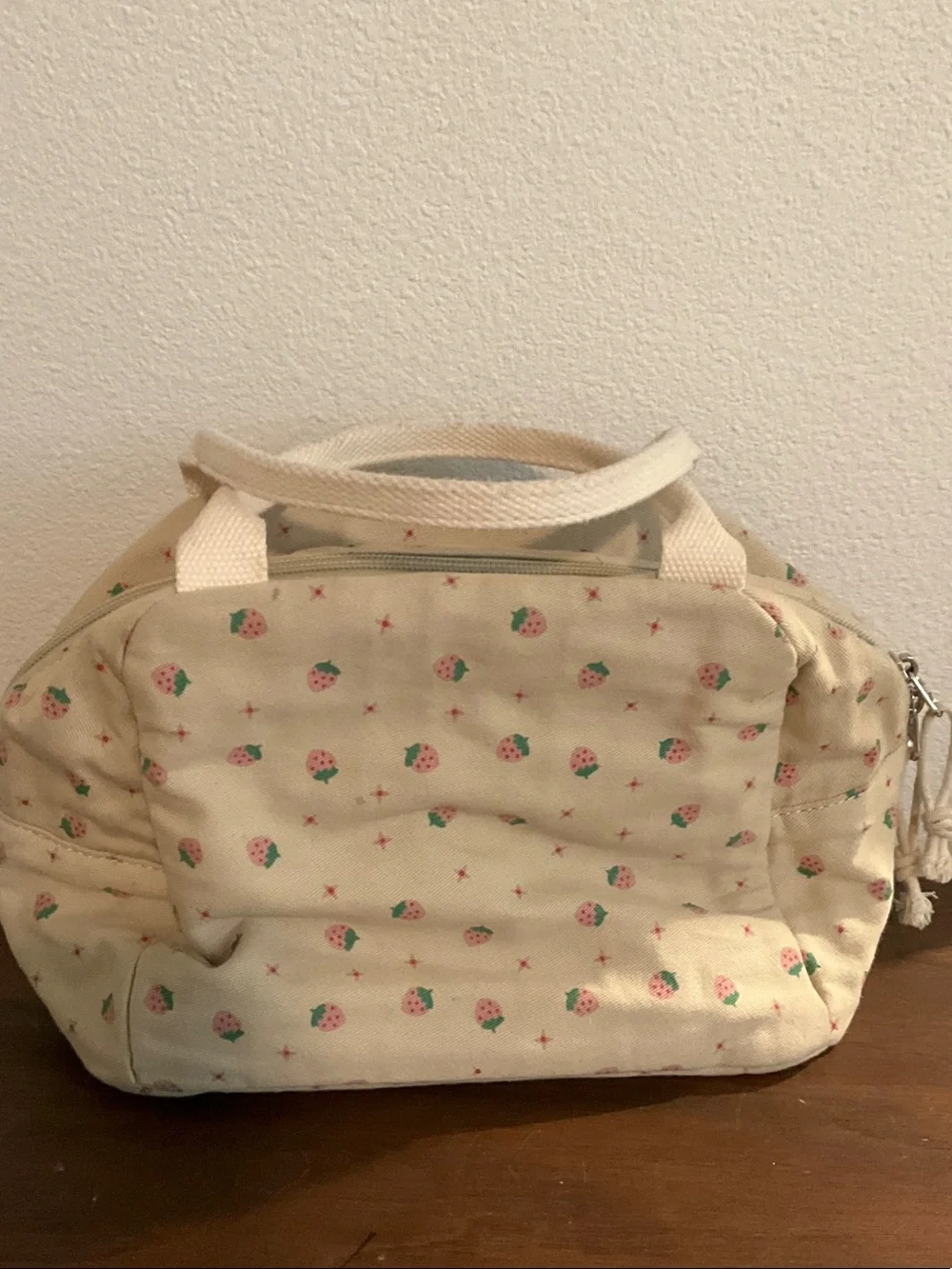 Cream Strawberry Print Cosmetic Travel Bag